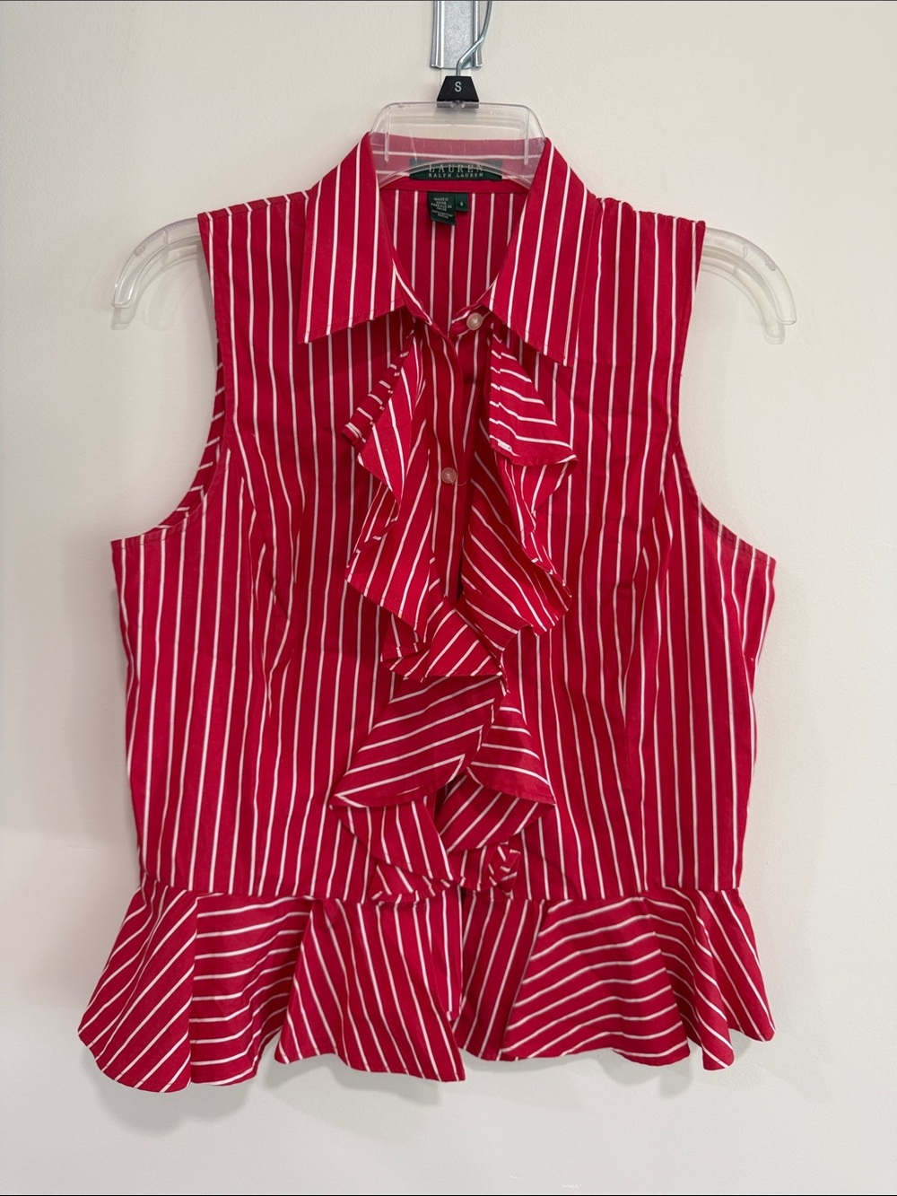 Ralph Lauren Red & White Striped Ruffle Sleeveless Blouse